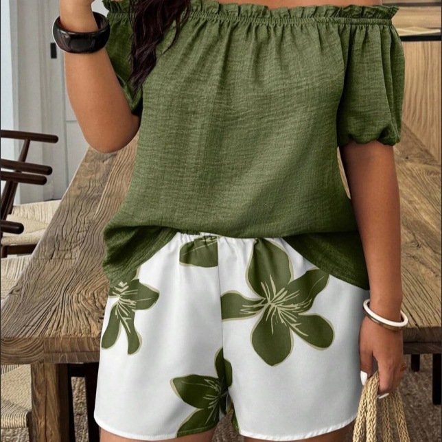 Women's Off-Shoulder Short Sleeve Shirt & Shorts Set Casual Summer