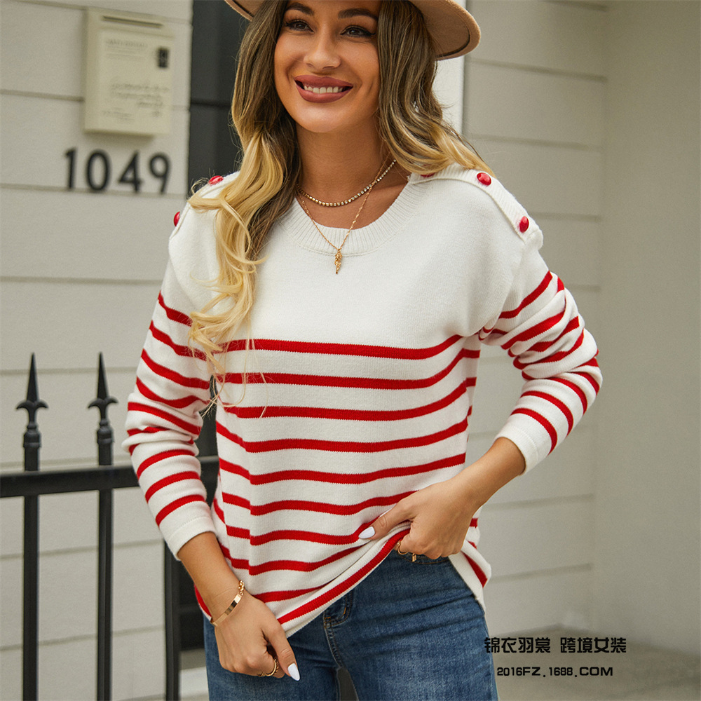 Striped Colorblock Button-Trim Pullover Knit Sweater