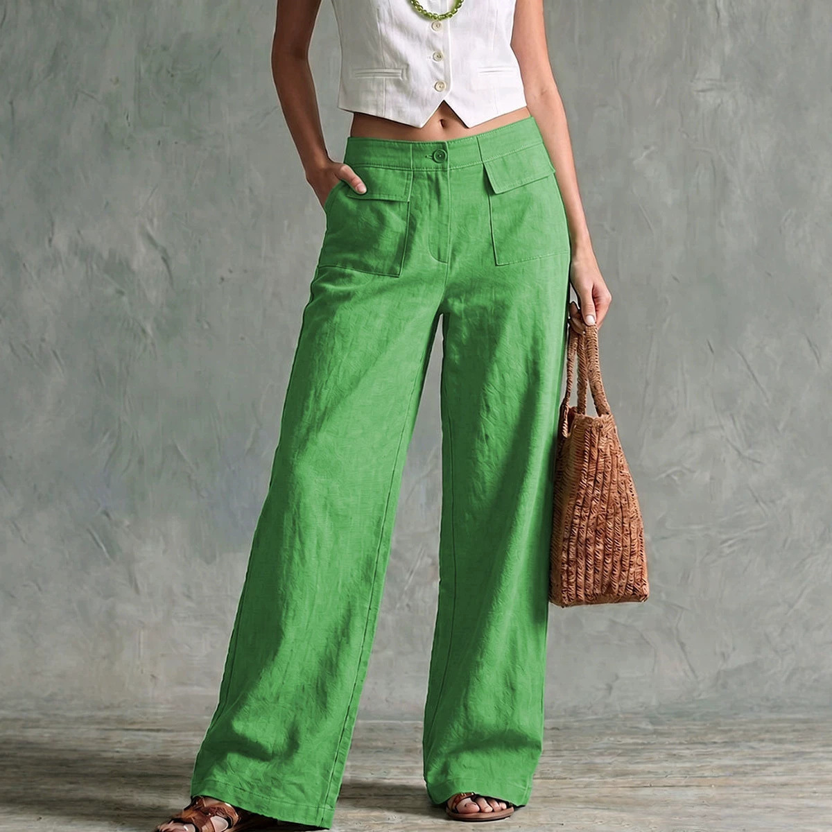 Women's Linen-Blend Wide-Leg Pants Solid Color High-Waist Casual