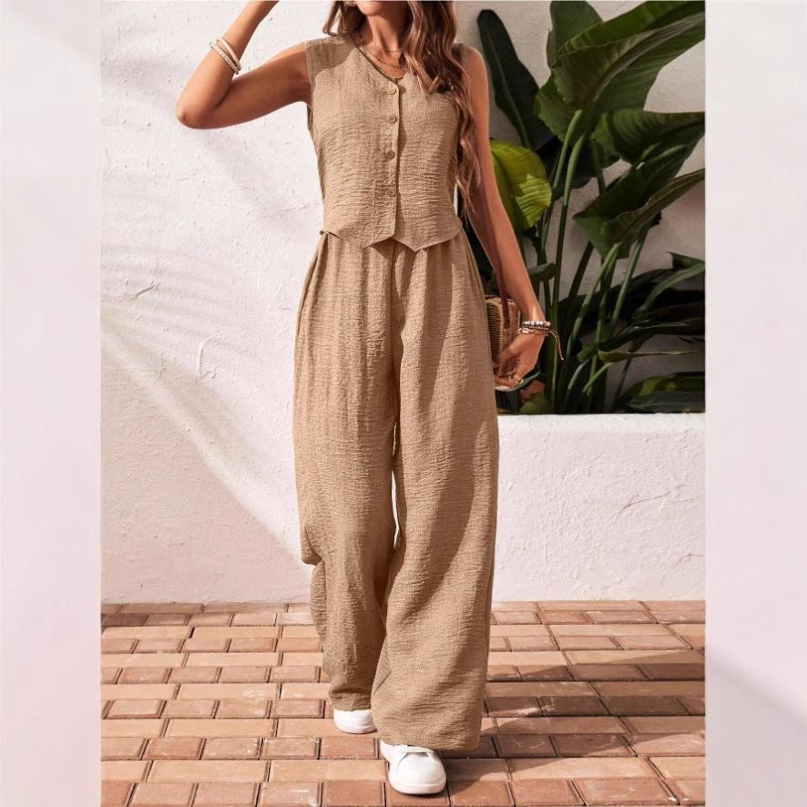 Linen Summer Vest and Pants Set with V-Neck Button-Front Top