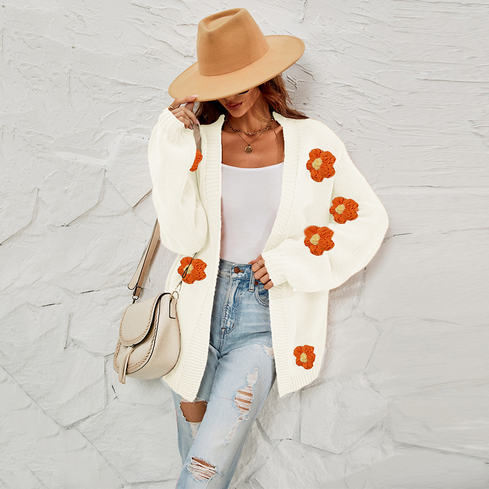 Floral Open-Front Cardigan with Lantern Sleeves