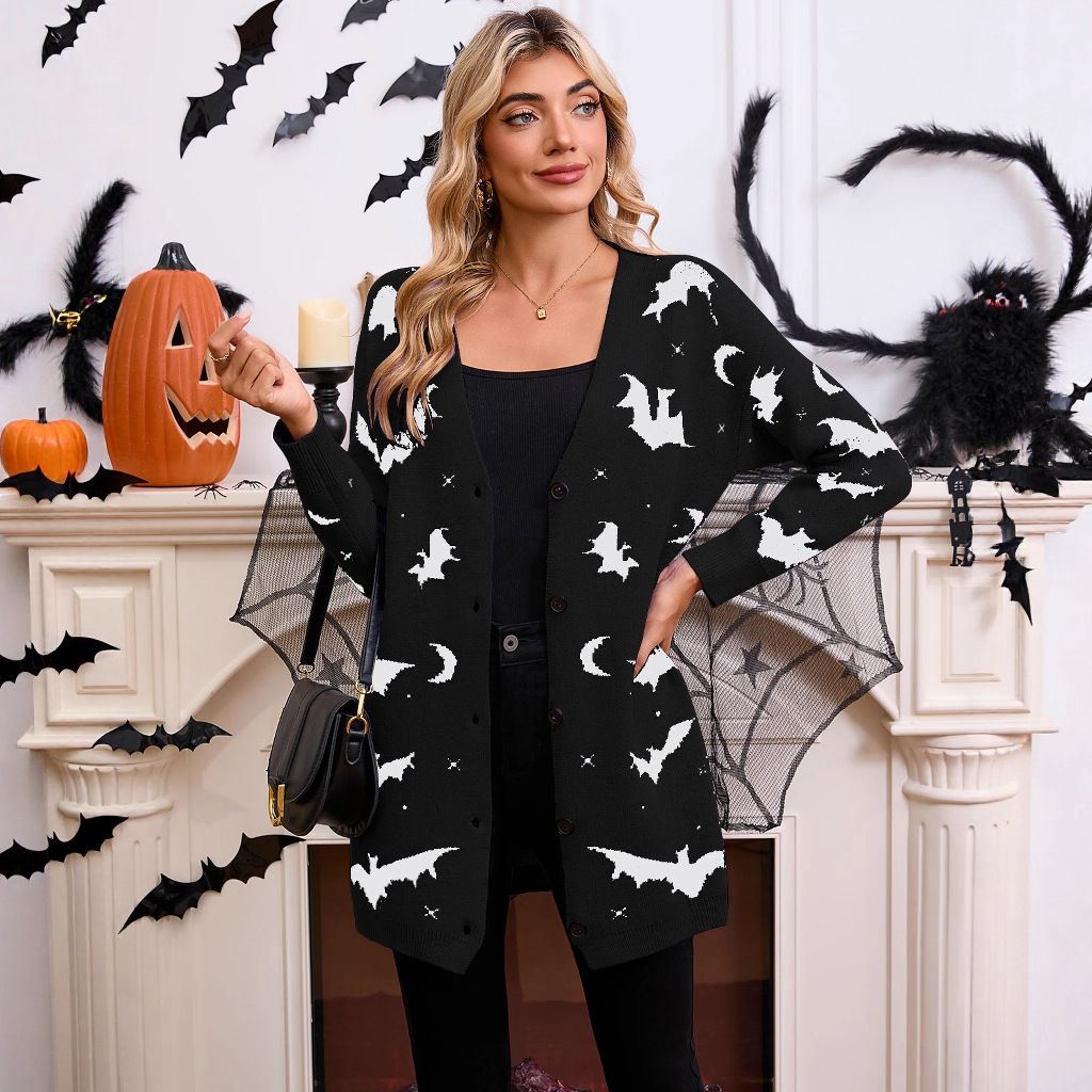 Halloween Bat Jacquard Long Sleeve Cardigan Sweater