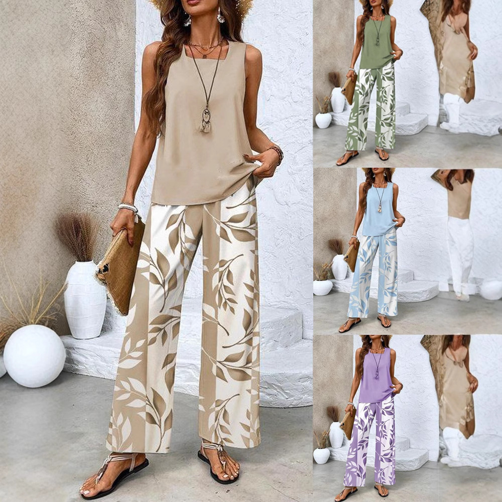 Women's Square Neck Sleeveless Top and Pants Set with Digital Floral Print
