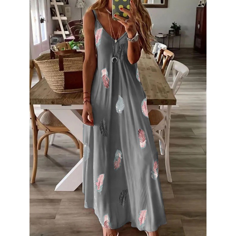 Sleeveless Slim Fit Feather Print Low Cut V-Neck Cami Maxi Dress