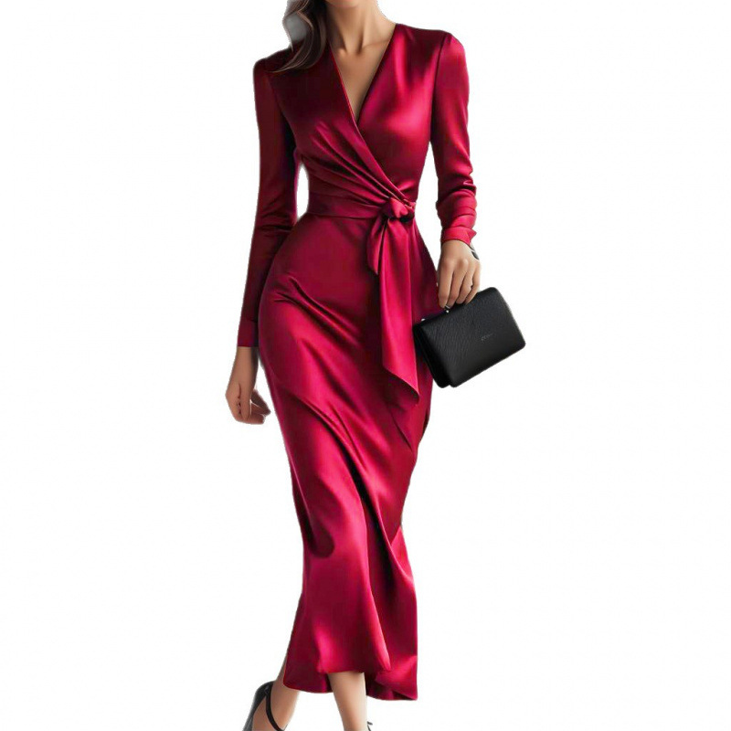 Slim-Fit V-Neck High-Waist Tie Long Dress