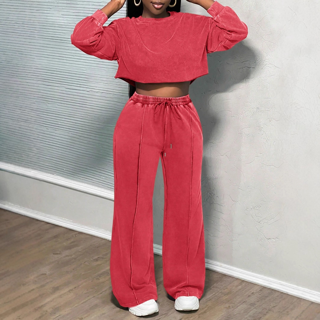 Women's Long-Sleeve Washed Zip-Up Sweatsuit Set