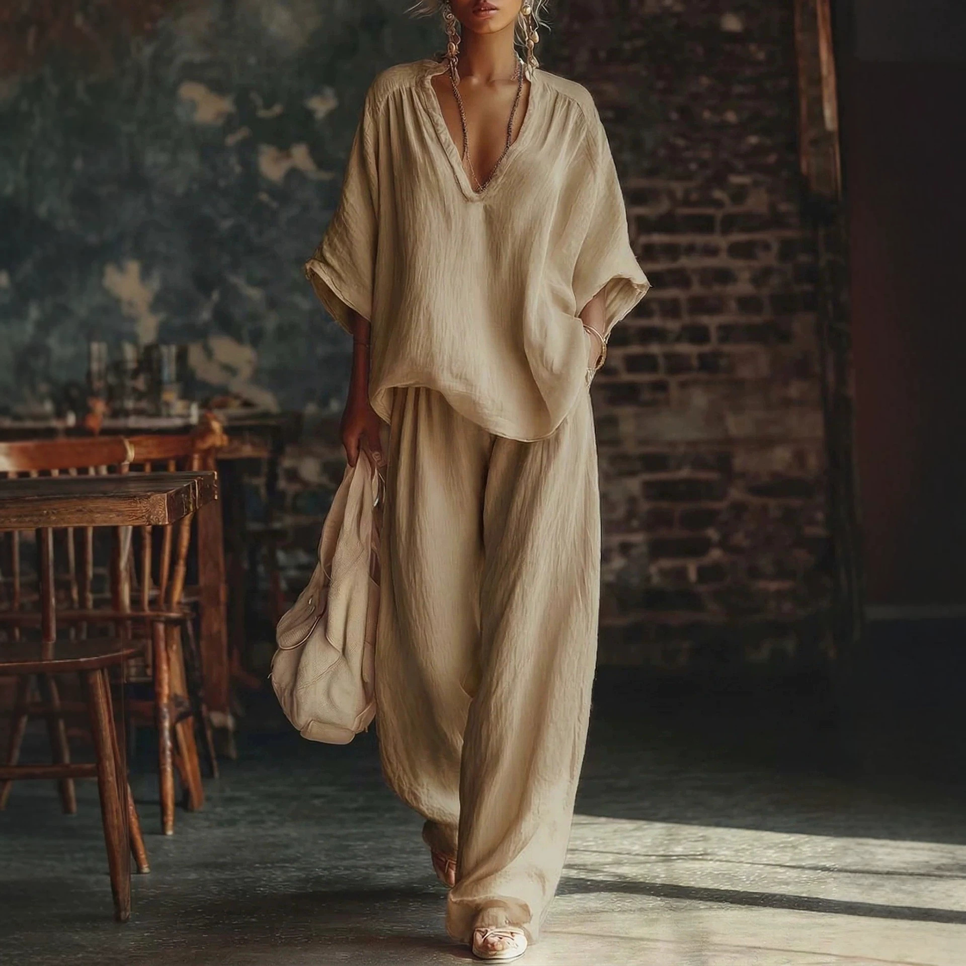 Women's Casual Solid V-Neck Short-Sleeve Top & Pants Two-Piece Set