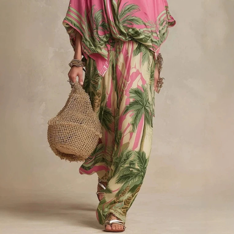 Women's Two-Piece Set with Print, Loose Fit, Round Neck, Batwing Sleeves, High Waist, Long Skirt, Rose Red
