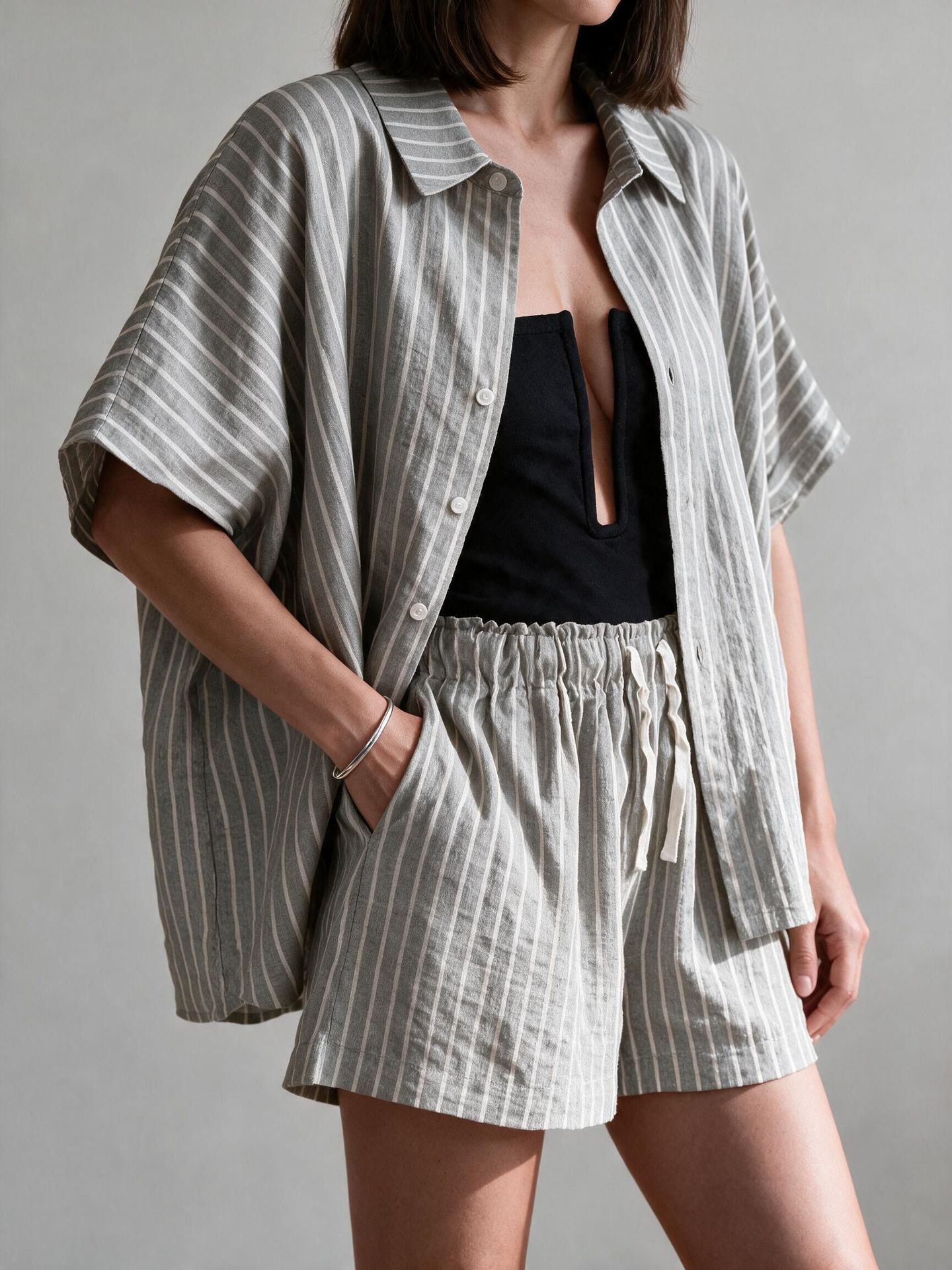 Striped Short Sleeve Shirt and Pocket Shorts Casual Two-Piece Set