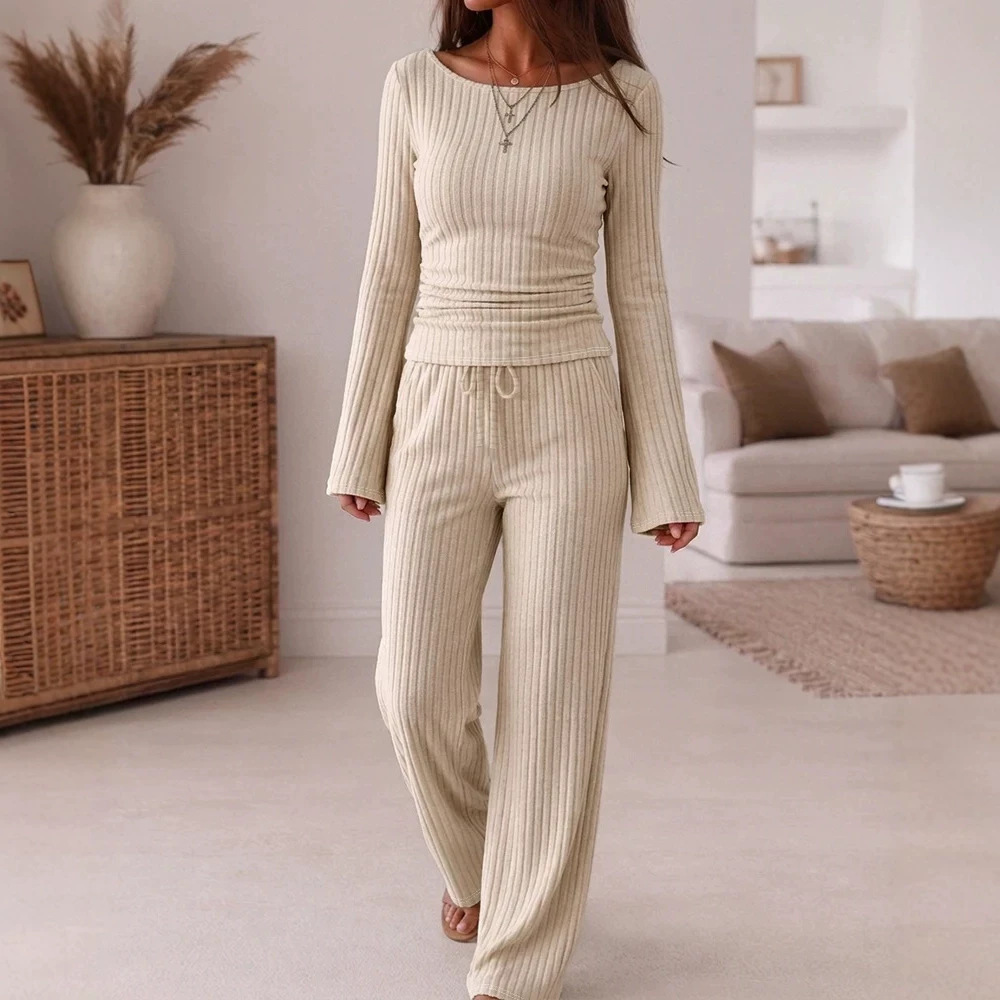Women's Ribbed Knit Lounge Set Off-Shoulder Flared Sleeve Ruched Top & Wide-Leg Pants