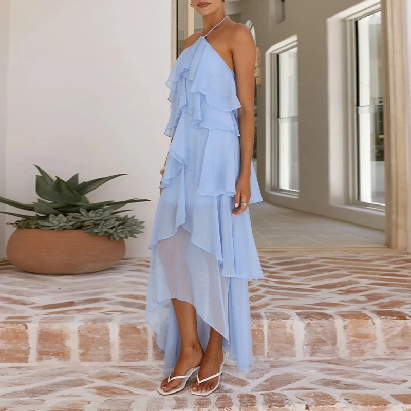 Elegant Ruffled Halter Neck Tiered Dress
