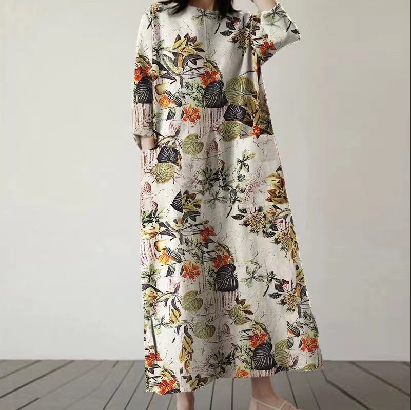 Women's Cotton-Linen Floral Print Round Neck Loose A-Line Midi Dress