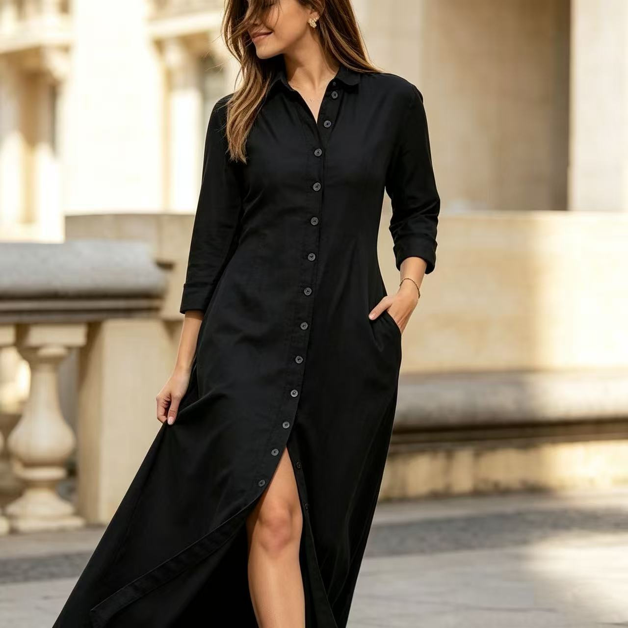 Women's Collared Button-Front Denim Shirt Dress Long A-Line Waist Pocket