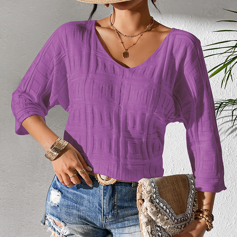 Solid V-Neck Knit Top – Loose Fit 3/4 Sleeve Lightweight Casual Pullover