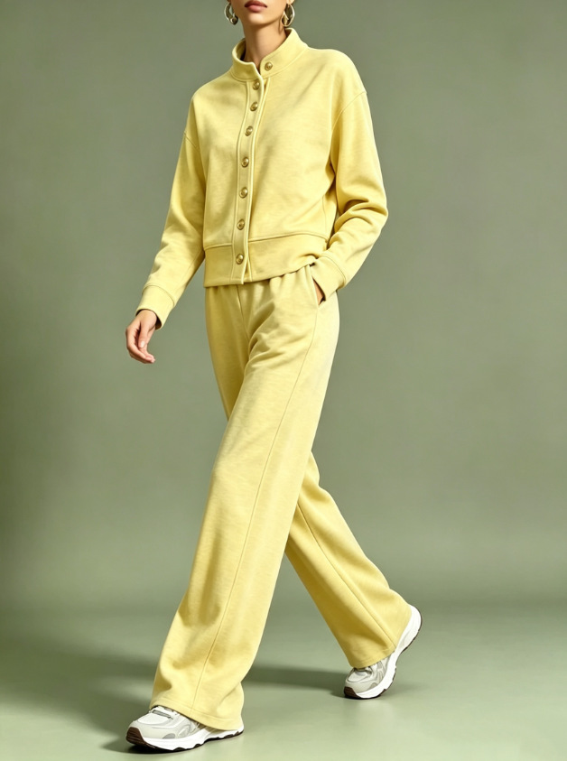 Women's Solid Color Stand Collar Cardigan Hoodie & Wide-Leg Pants Set