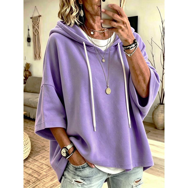 Women's Solid Color Hooded Pullover Sweatshirt with Three-Quarter Sleeves