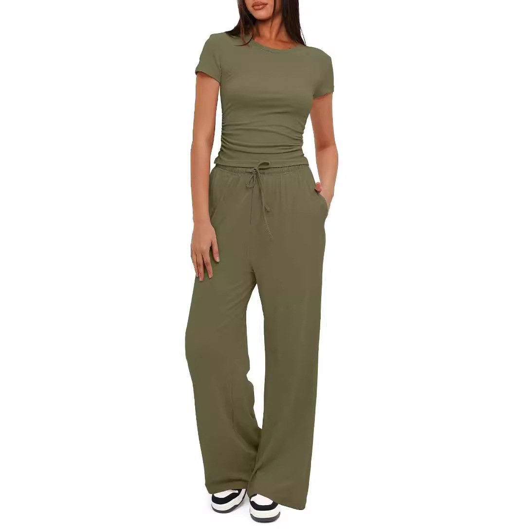 Solid Ruched Short Sleeve Top and High Waist Wide Leg Pants Set