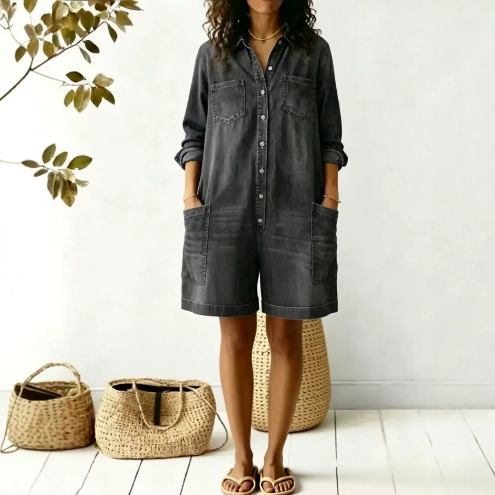 Women's Loose Faux Denim Romper Long Sleeve Casual Dress