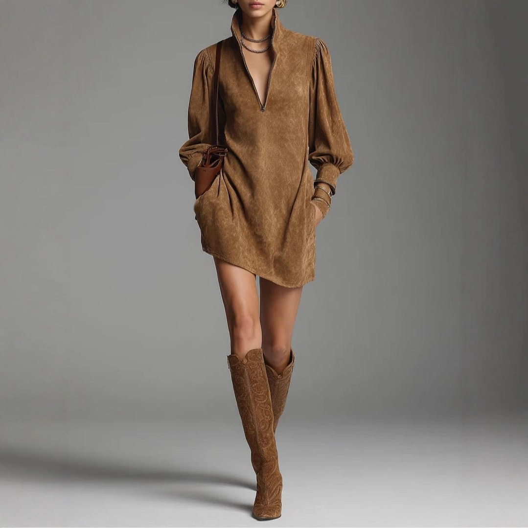 Women's Solid V-Neck Zip Casual Dress