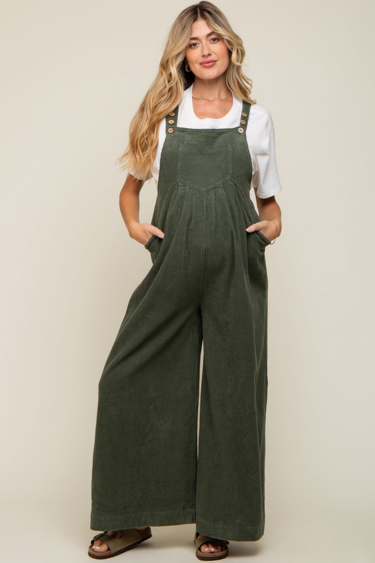 Adjustable Button Wide-Leg Solid Color Overalls Loose Casual Jumpsuit