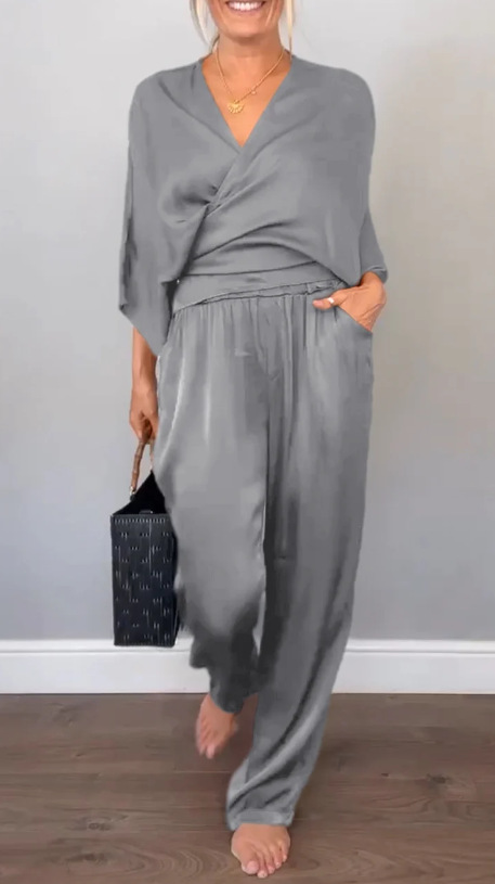 Women's Summer Solid Satin Short Sleeve Top and Pants Set