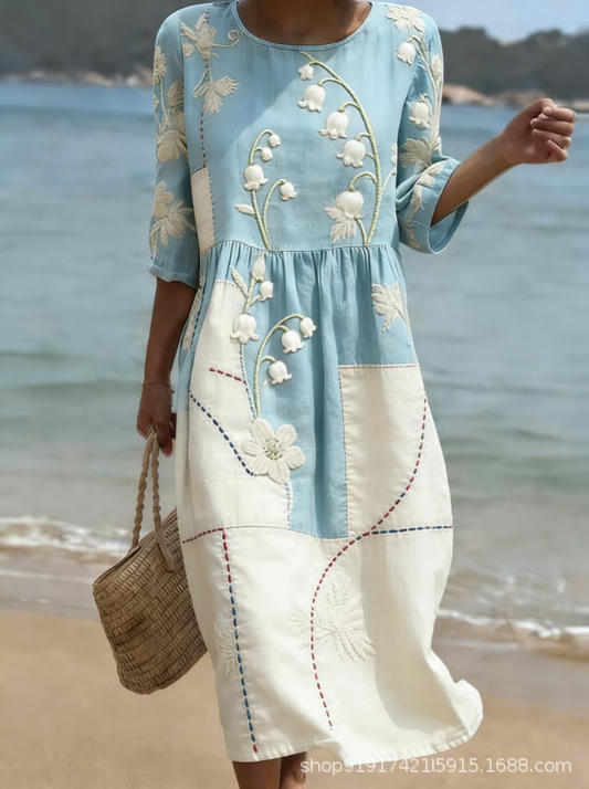 Women's Floral Print Ruched Midi Dress with Half Sleeves