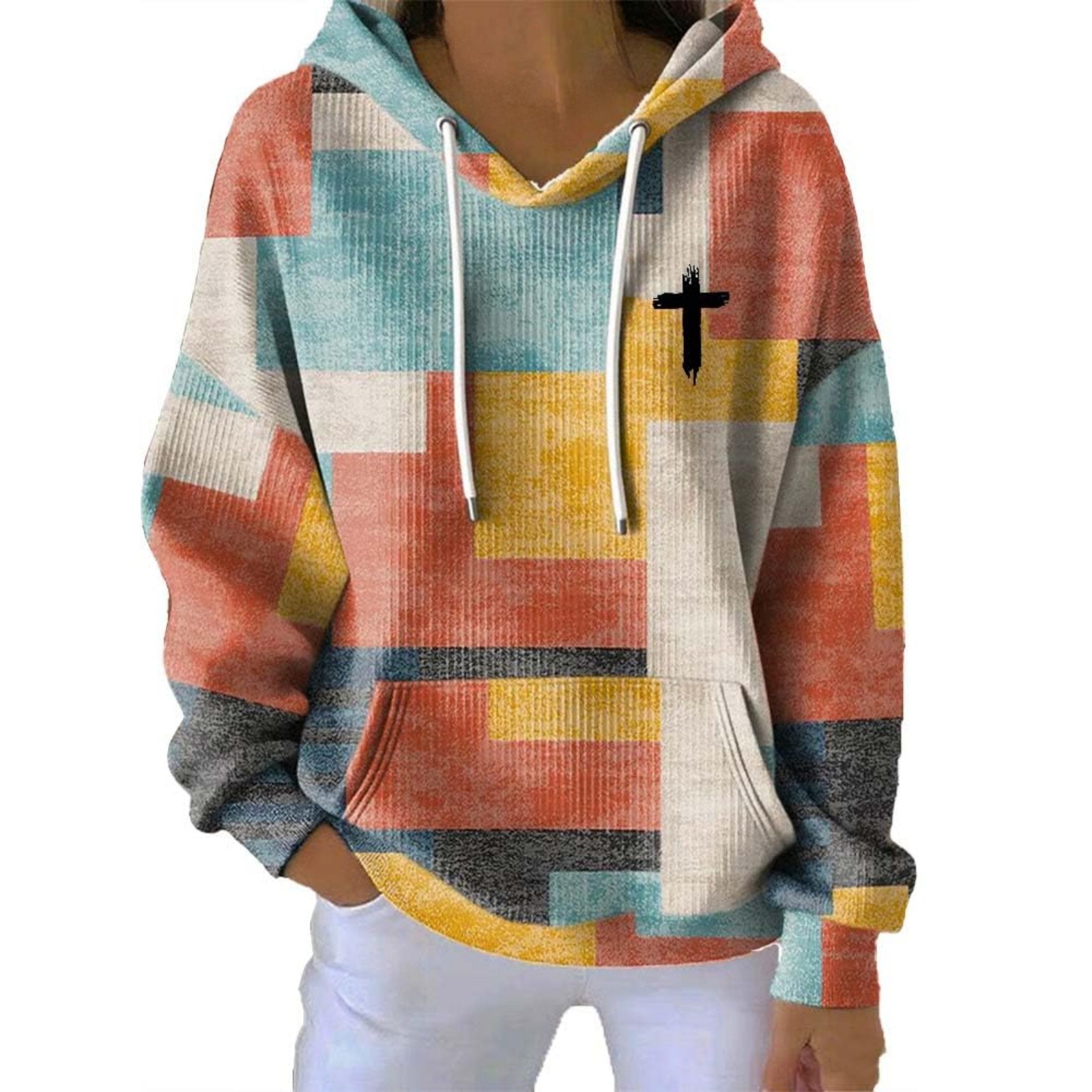 Women's Cross Print Ribbed Plaid Hooded Sweatshirt