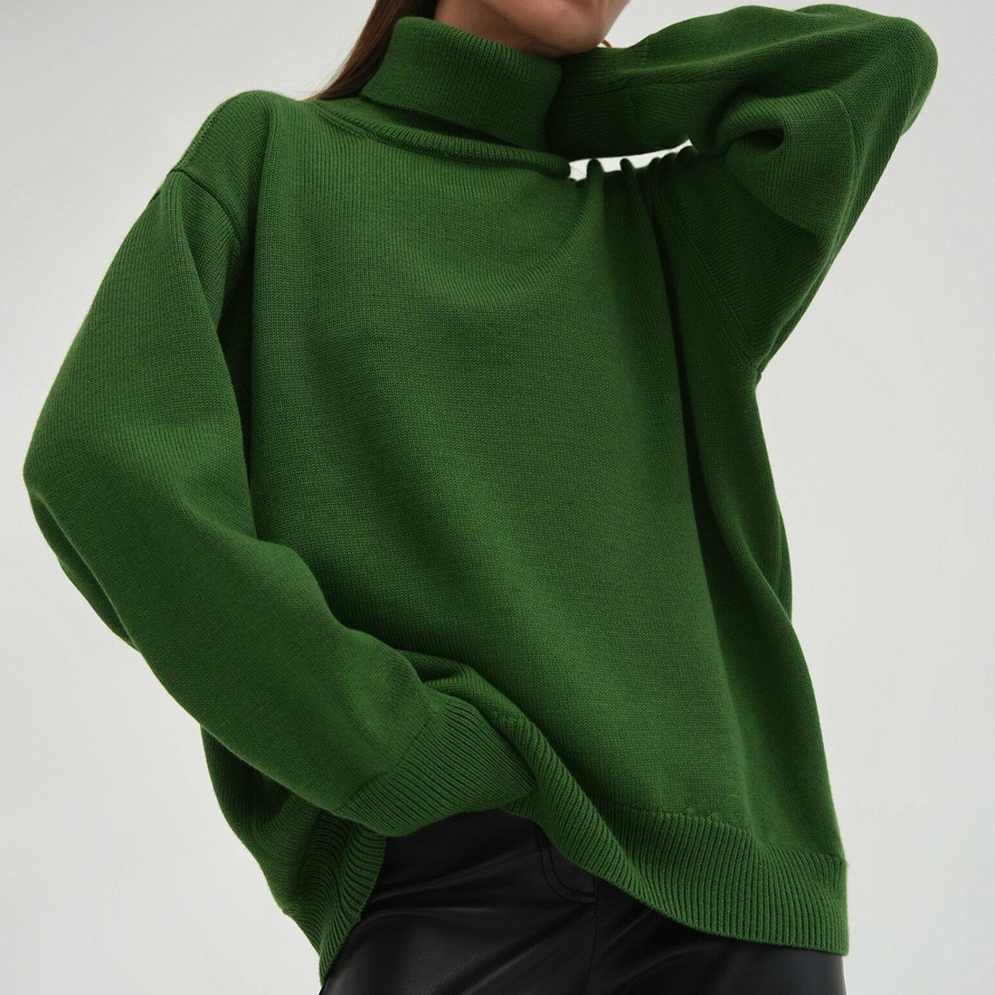 Solid Turtleneck Sweater Loose Knit Pullover