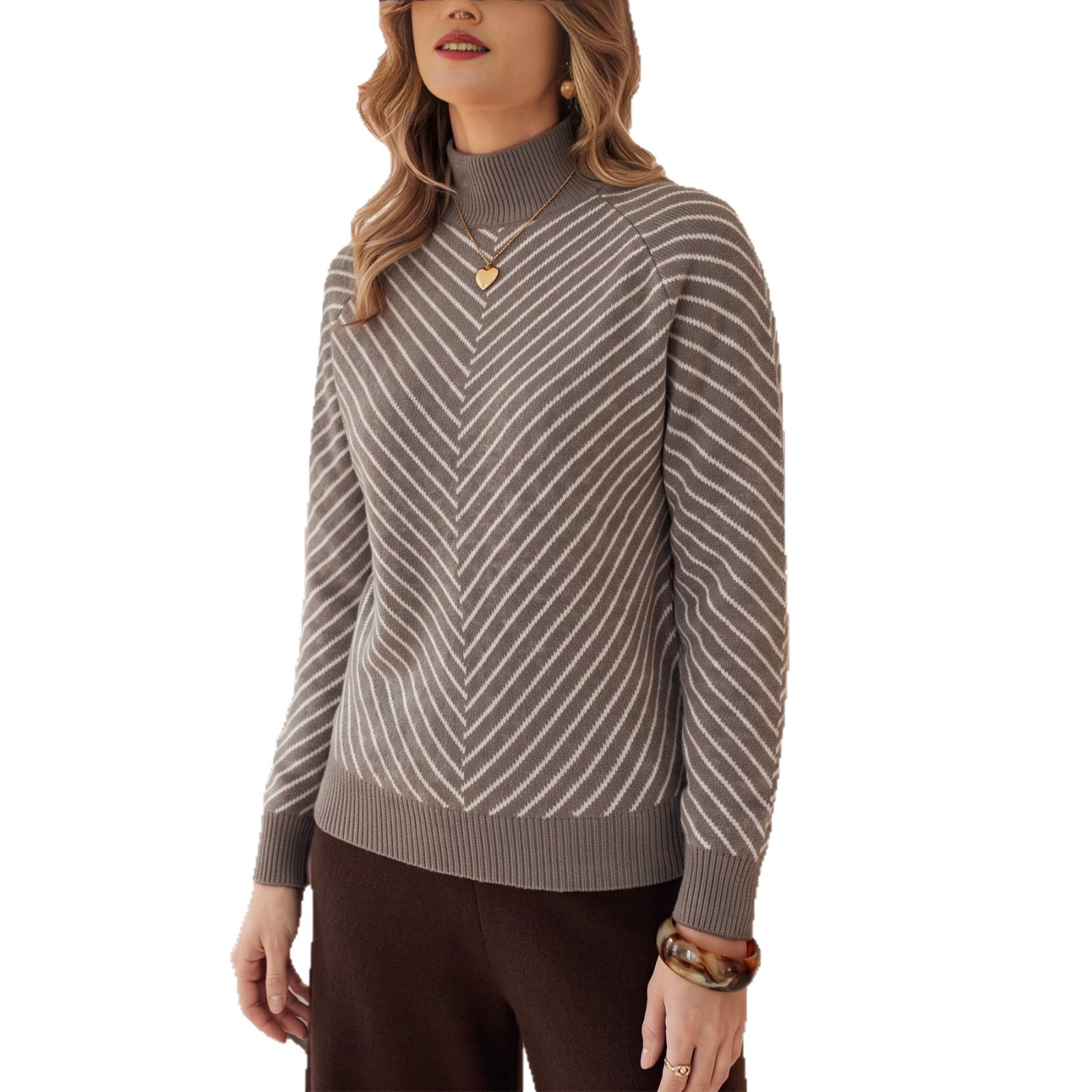 Women's Herringbone Striped Knit Sweater Half Turtleneck Raglan Sleeve Ribbed Trim