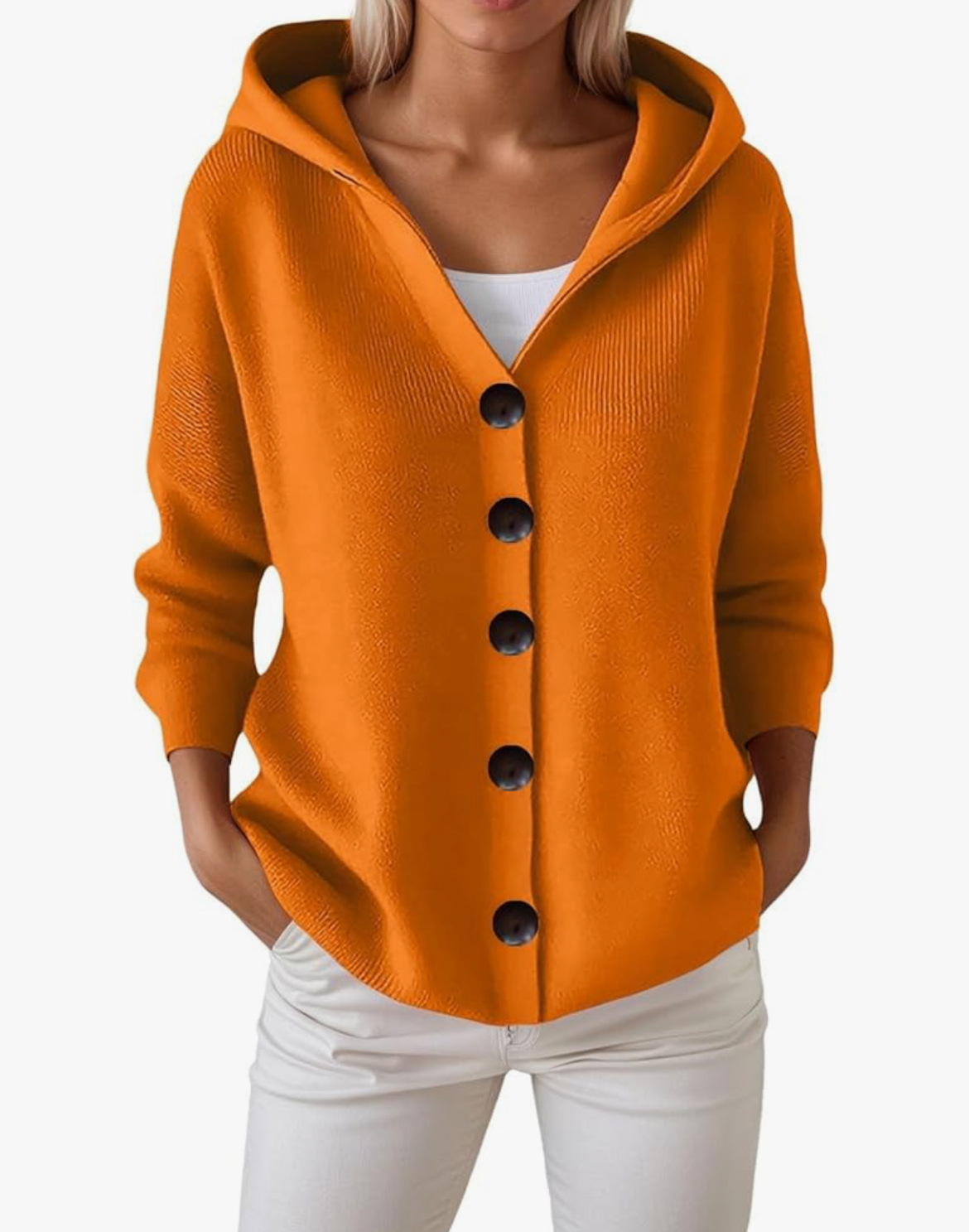 Button-Up Hooded Knit Cardigan Sweater, Solid Color Casual Women's Outerwear