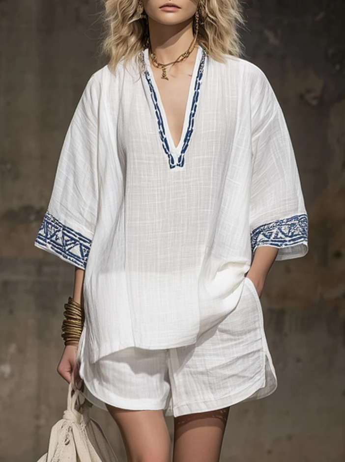 Bohemian Linen Print V-Neck Short Sleeve Shorts Women's Casual Set