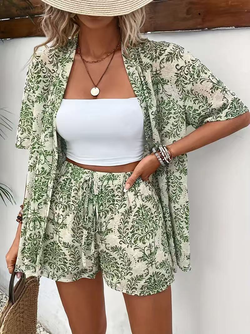 Vacation Print Two-Piece Set: Short Sleeve Tie-Front Shirt & High-Waist Shorts