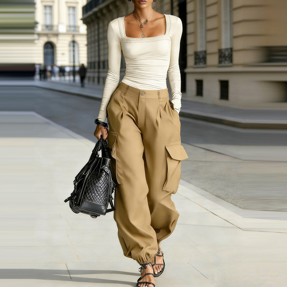 High-Waisted Cargo Pants Loose Tapered Solid Casual Pocket Streetwear