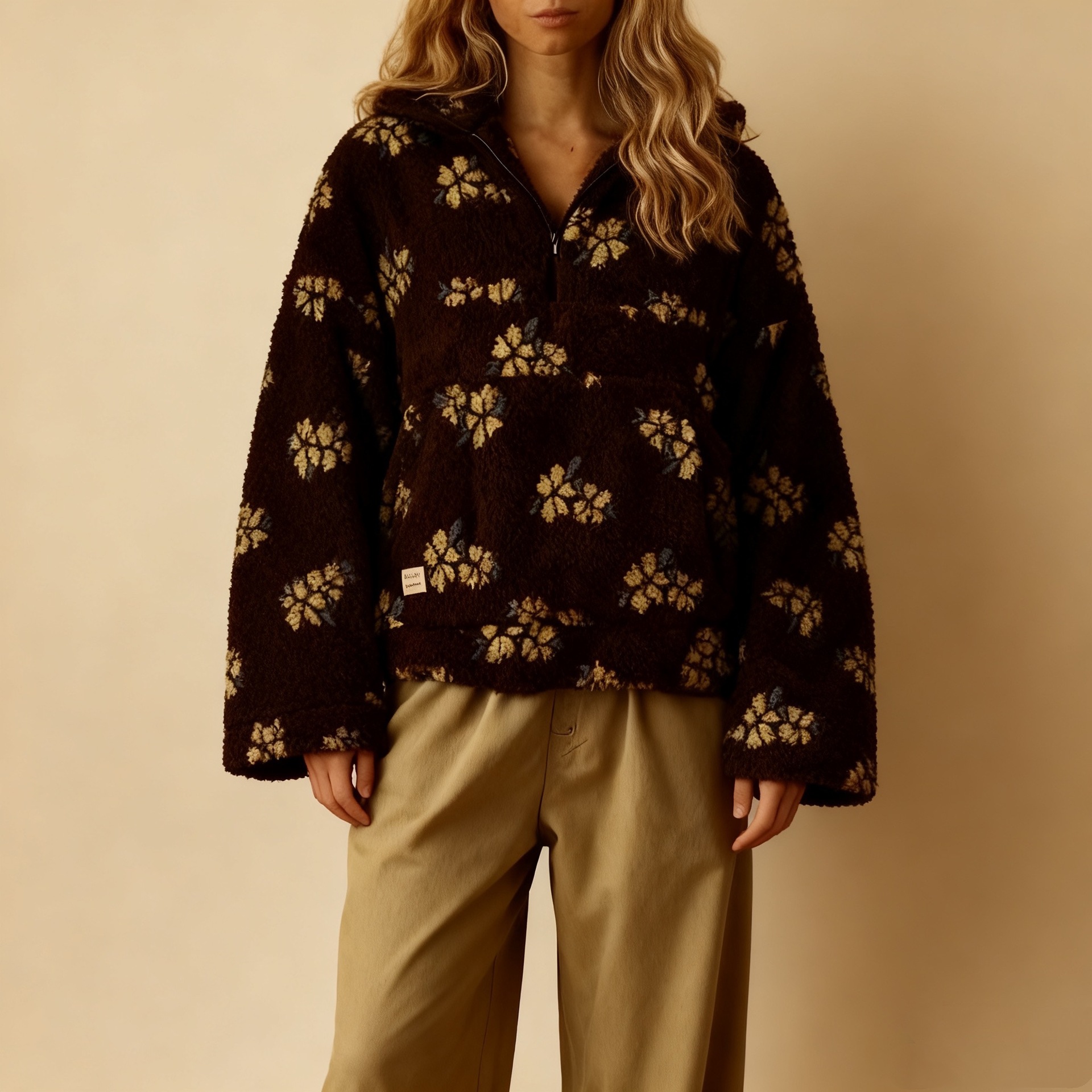 Fleece Floral Pullover Sweatshirt Women's Warm High Neck Loose Fit