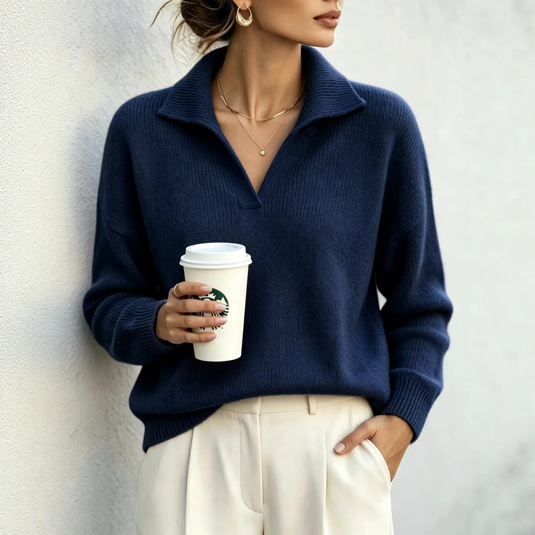 V-Neck Pullover Sweater Top Elegant Commuter Style Women's