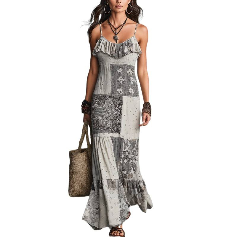 Women's Sleeveless Off-Shoulder Geometric Print Maxi Dress
