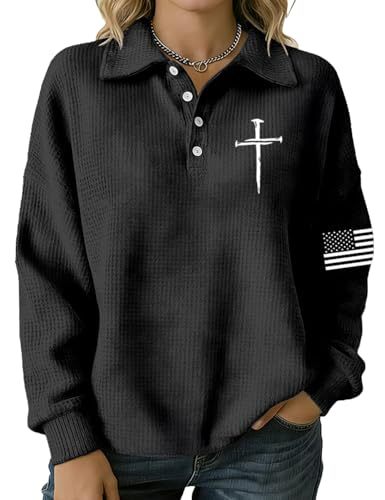 Women's Cross & American Flag Print Button Sweatshirt
