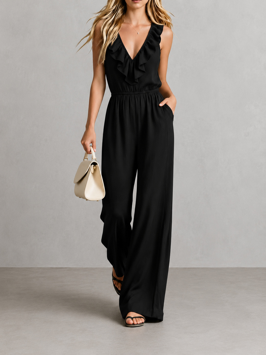 Ruffle V-Neck Sleeveless Jumpsuit with Side Pockets