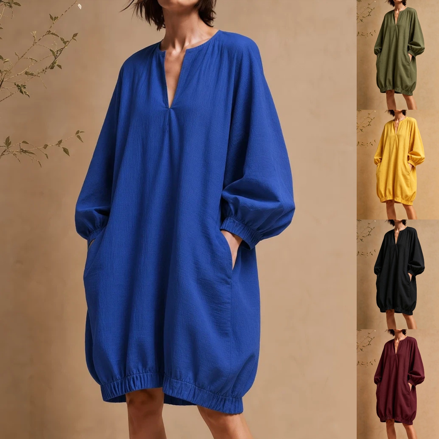 Women's V-Neck Loose Midi Dress with Lantern Sleeves