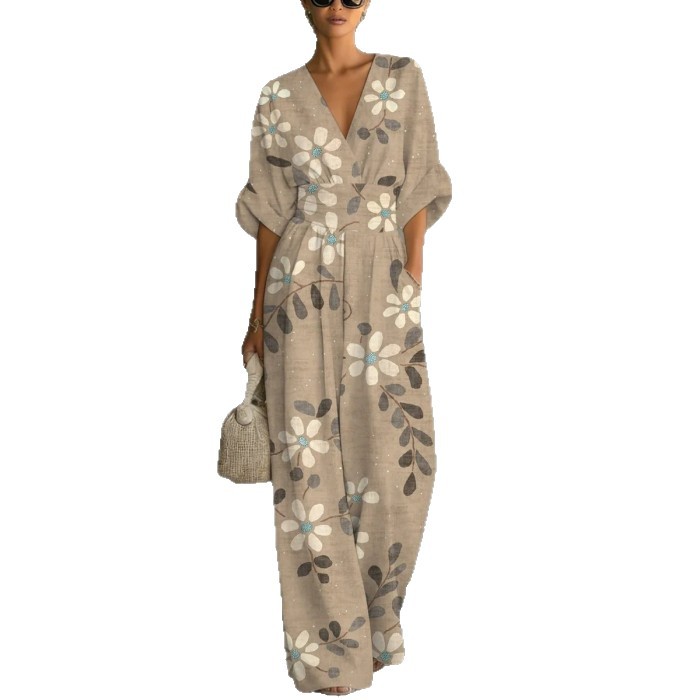 Elegant V-Neck Printed Jumpsuit with Cinched Waist