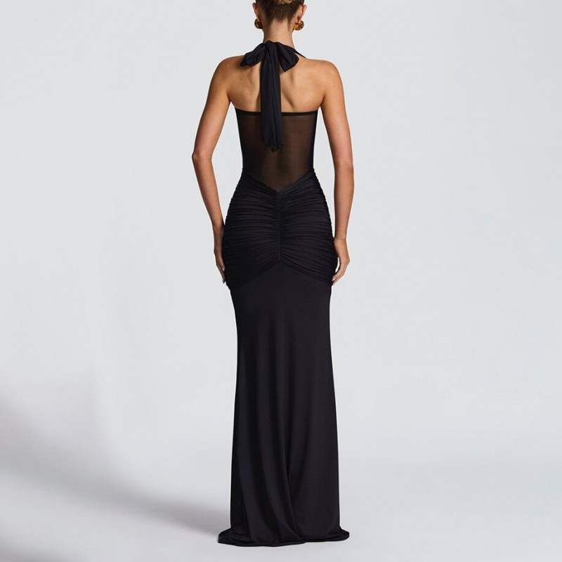 Women's Elegant Open Back Ruched Bodycon Long Dress
