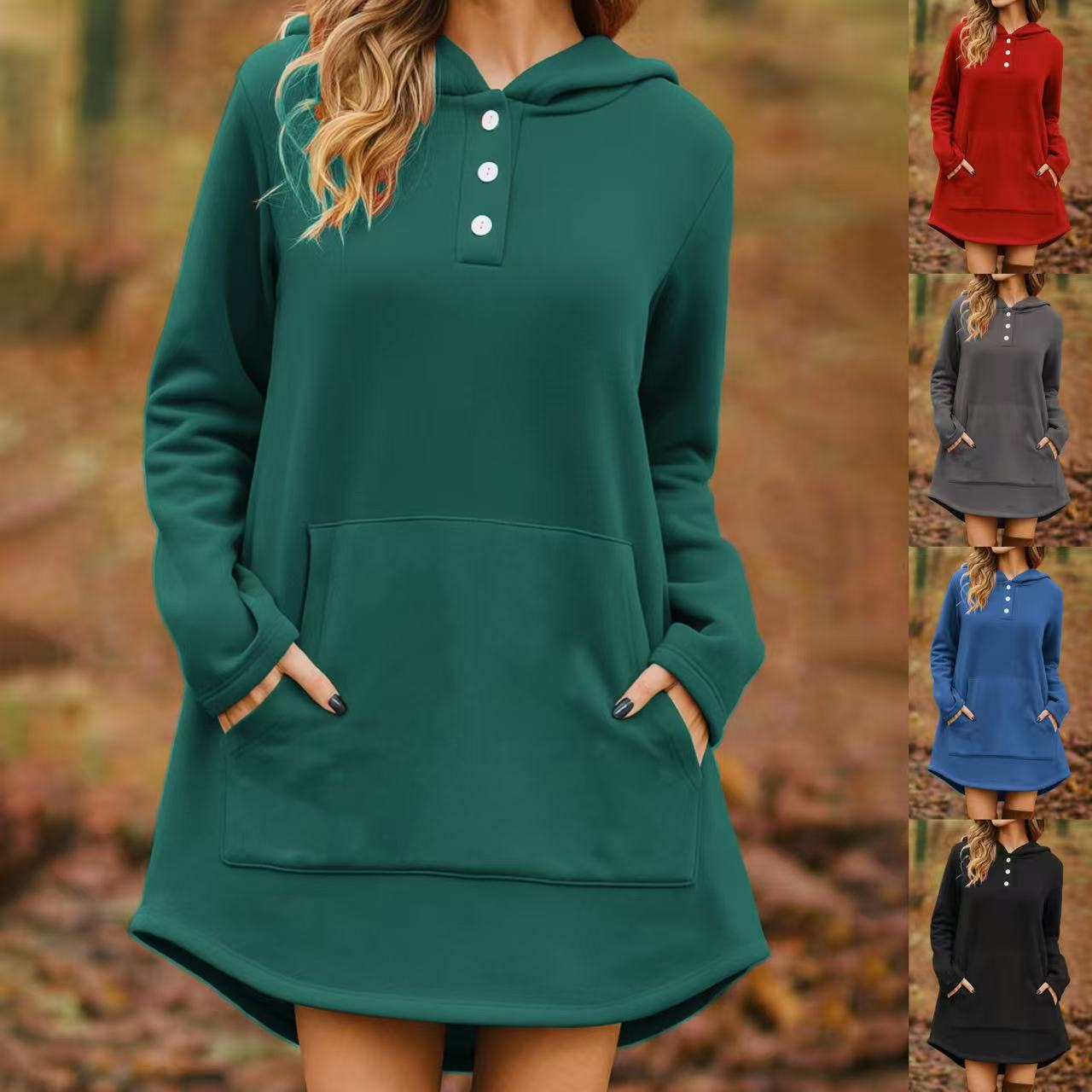 Casual Loose Solid Color Long Sleeve Pocket Pullover Hoodie