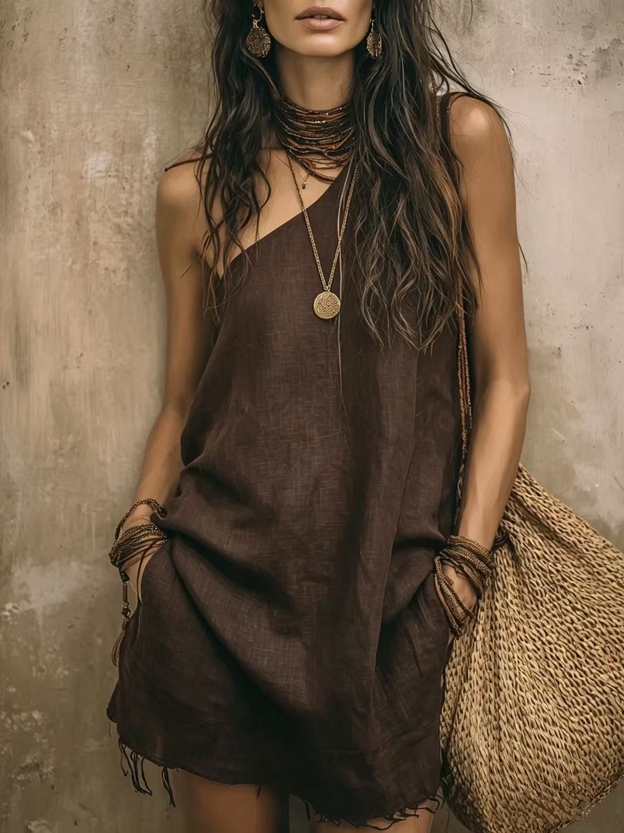 Retro Sleeveless One-Shoulder Solid Boho Fringe Mini Dress