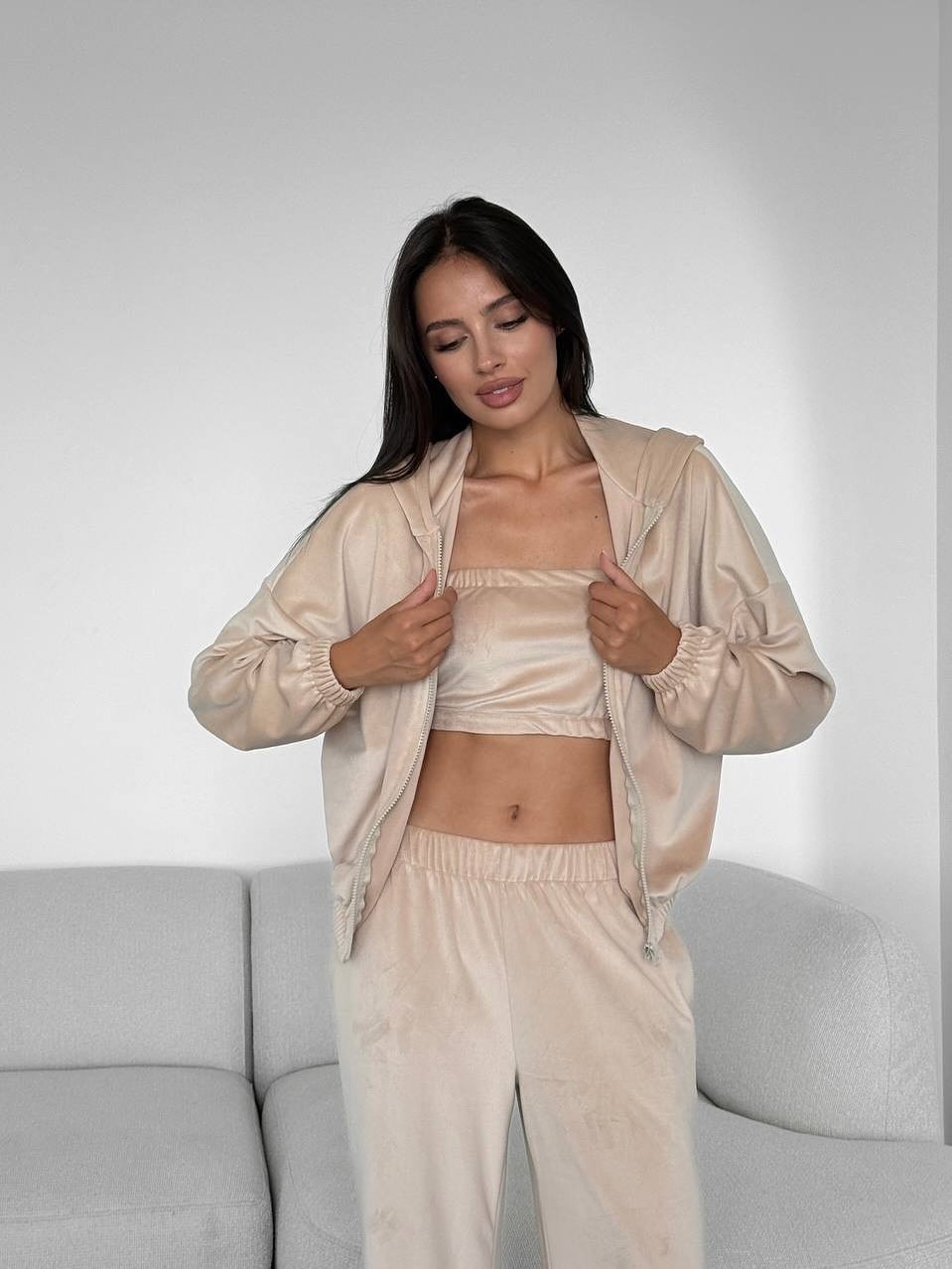 Velvet Hooded Three-Piece Lounge Set with Pants