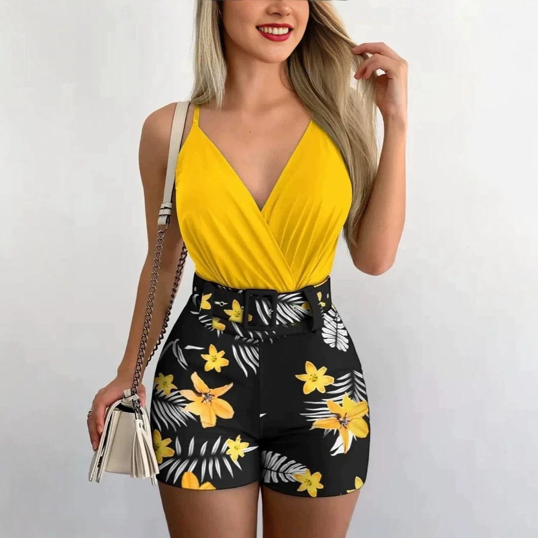 Women's V-Neck Cami and Plant Print Shorts Set with Belt