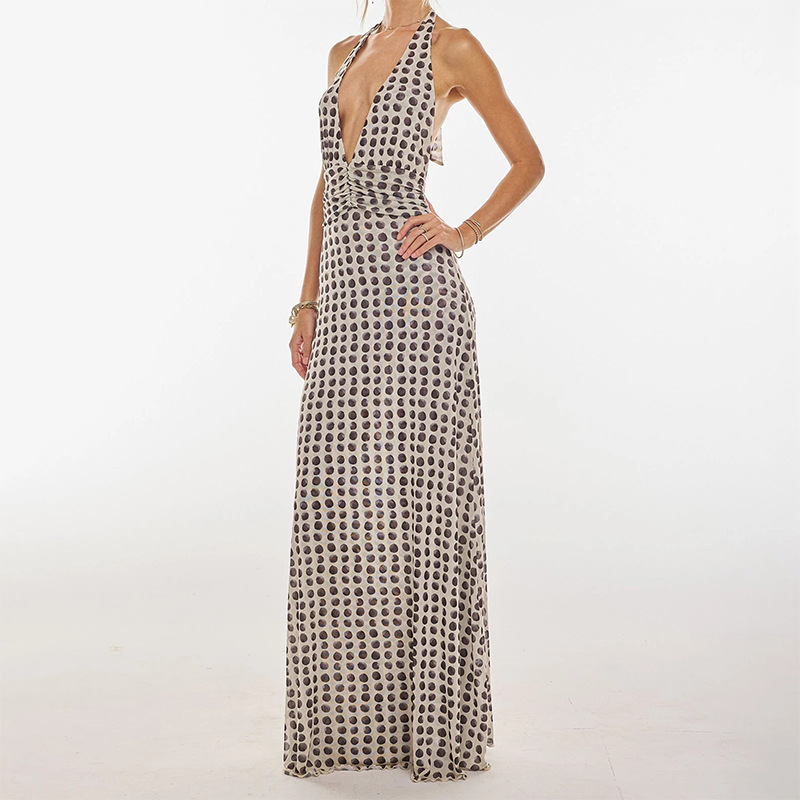 Women's Summer Polka Dot Halter Open-Back Vacation Dress