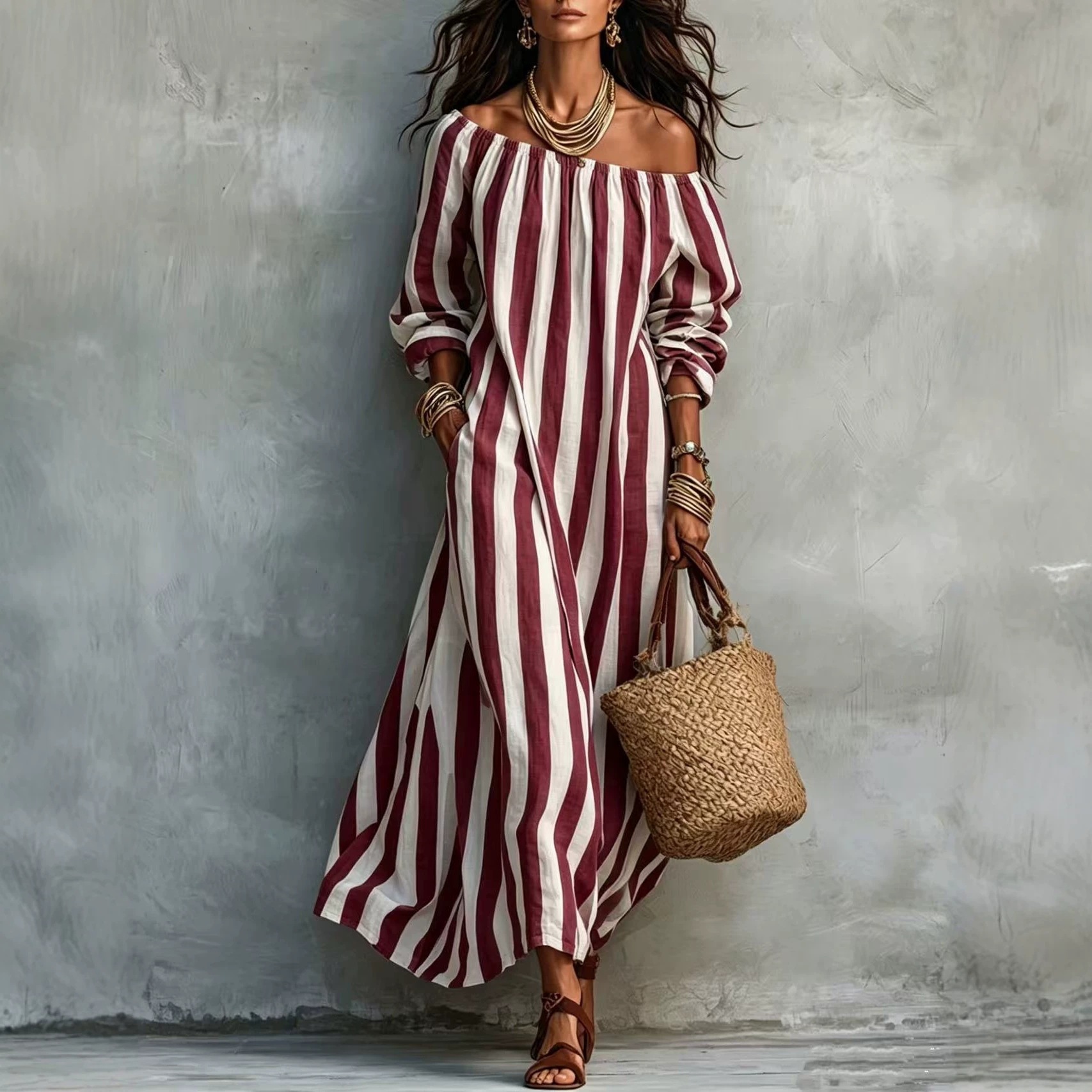 Striped Off-Shoulder Long-Sleeve Maxi Dress