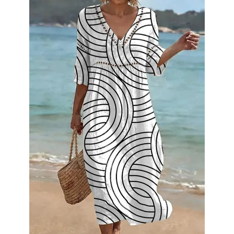 Women's Floral Print Pleated Midi Dress with Deep V-Neck and 3D Effect
