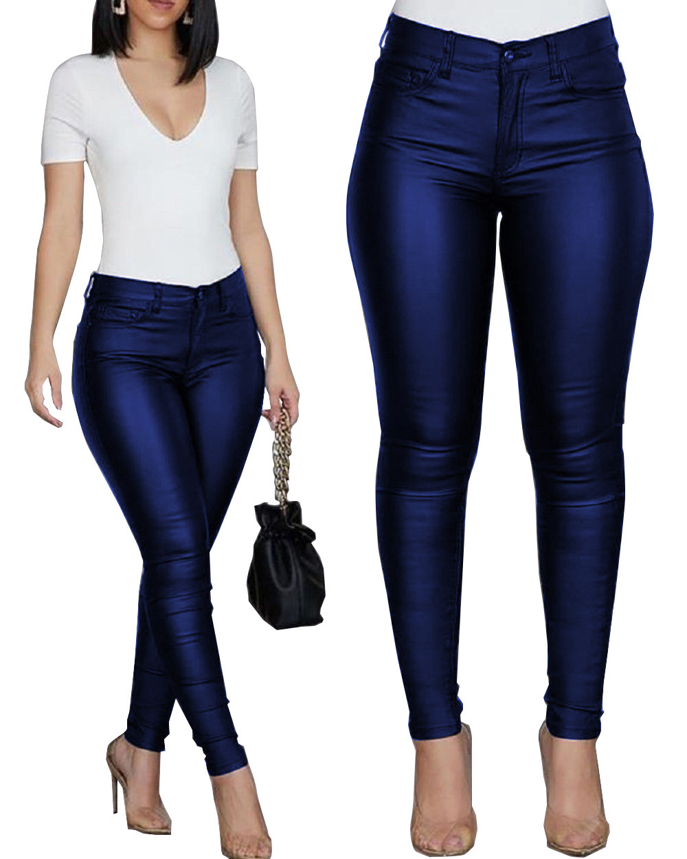 Women's Solid Color PU Leather Skinny Pants Slim Fit Mid-Rise Long Trousers