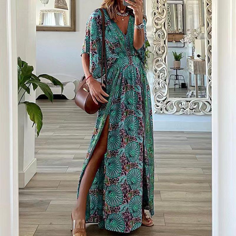 Bohemian Floral Print V-Neck Short Sleeve Side Slit Maxi Dress
